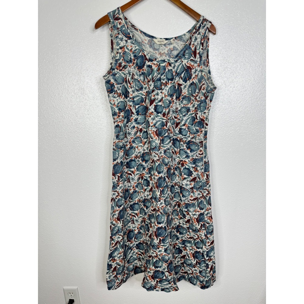 Seasalt Cornwall Shiloh Dress Blue White Floral 100% Linen Sleeveless Womens 14